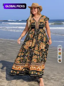 Plus Size Floral Print V-Neck Maxi Dress, Boho Fashion Casual Short Sleeve Dress for Daily Vacation Wear, Women's Clothing for All Seasons, Bohemian Sundress