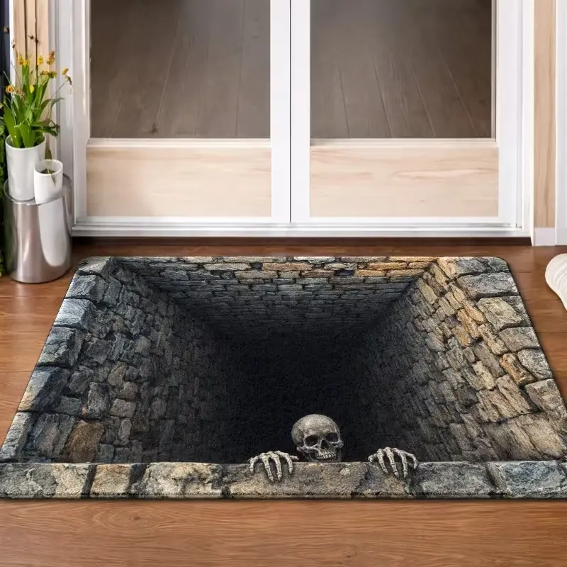 3D Illusion Skull Doormat, Halloween Deep Hole Optical Illusion Flannel Floor Mat, Funny Non Slip Front Door Rug, Spooky Novelty Home Decor Carpet for Entryway Bedroom Bathroom Indoor Outdoor, 16×24in / 20×31in / 24×36in