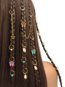20pcs Colorful Butterfly & Seashell Hair Rings, Faux Turquoise Beads, Layered Adjustable Alloy Cuffs, Nautical Boho Bohemian Versatile Women Braids Hair Jewelry, Seasonal Appeal