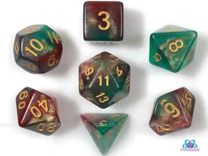 Elven Dreams | Green, Gold, Clear & Red Glitter Acrylic Dice Set (7) | Dungeons and Dragons (DnD)