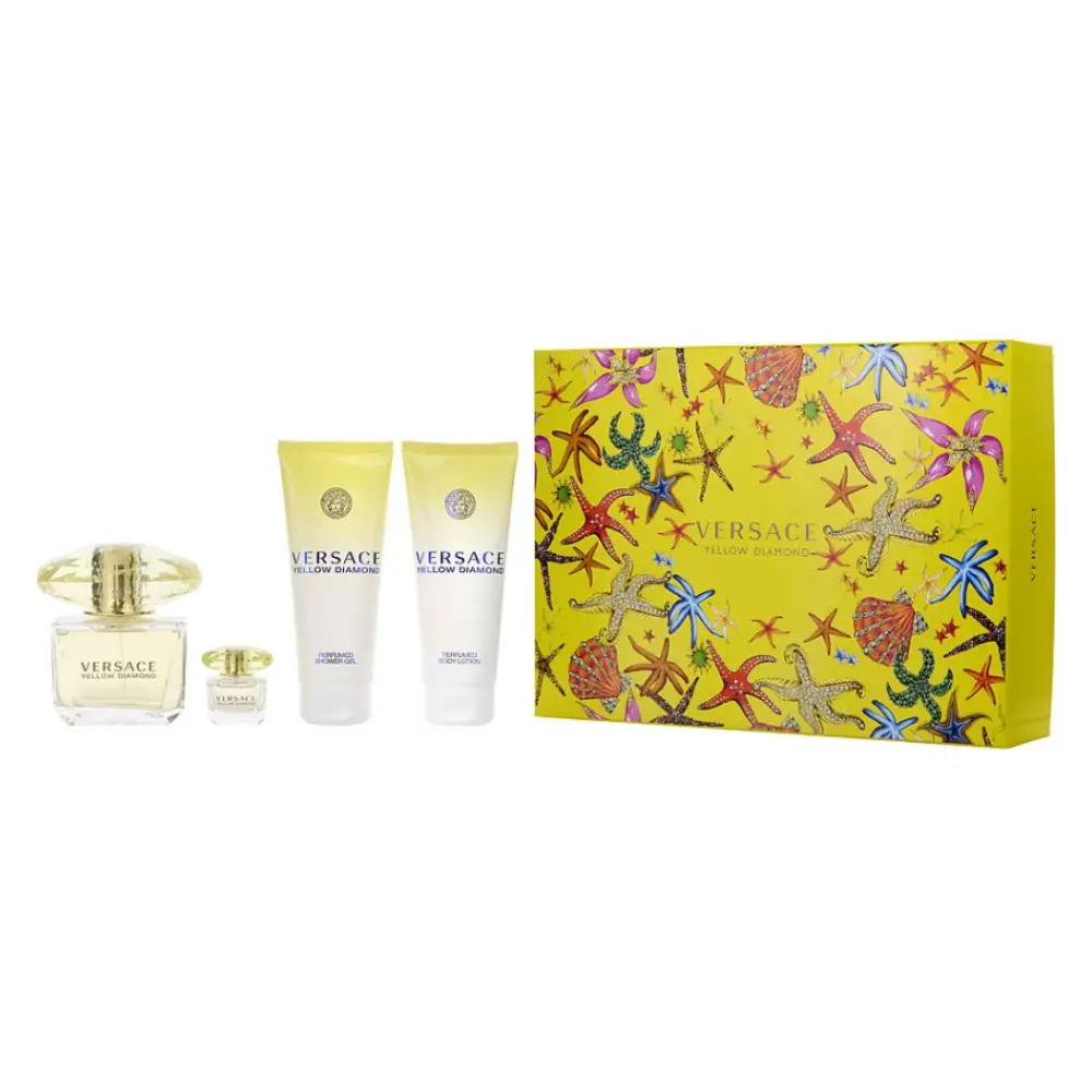 Versace Yellow Diamond 4-Piece Gift Set | Eau de Toilette 3 oz + Mini EDT + Shower Gel + Body Lotion | Fresh Floral Citrus Fragrance for Women