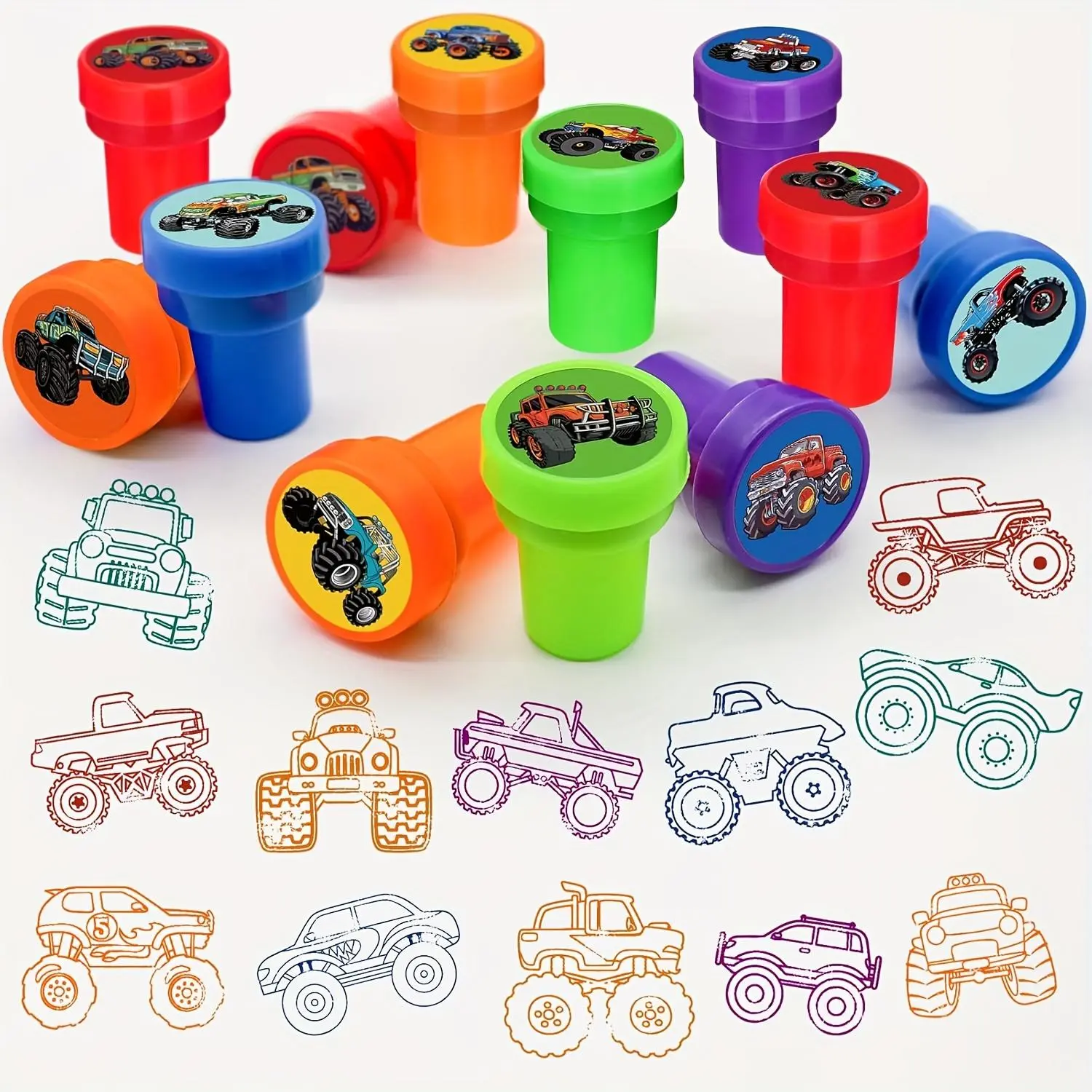 12/24 PCS Monster Truck Party Stampers, Truck & Car Birthday Favors, Party Supplies, Crafts, Scrapbooking, Classroom Rewards, Good Party Gifts for Boys Girls, For Monster Truck Lovers, Party Stamp Set