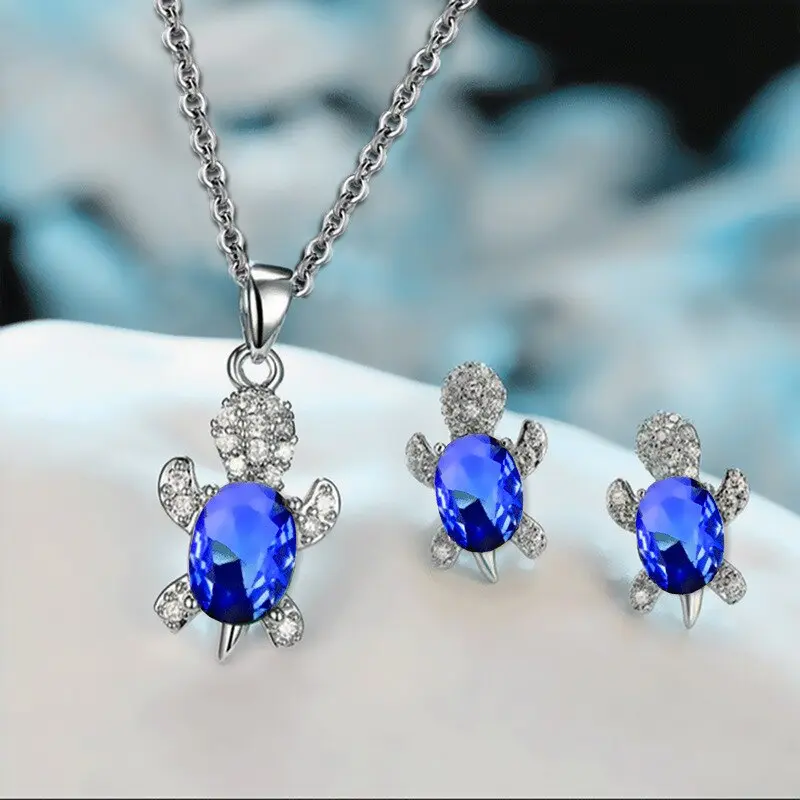 Women's 3-Piece Silver-Plated Iron Alloy Costume Jewelry Set - Turtle-Shaped Pendant Necklace for Women, Multi-Color Glass Decorative Rhinestones Earrings, Light Luxury Trendy Assorted Multi-Part Charm Set Necklaces, Necklaces For Women