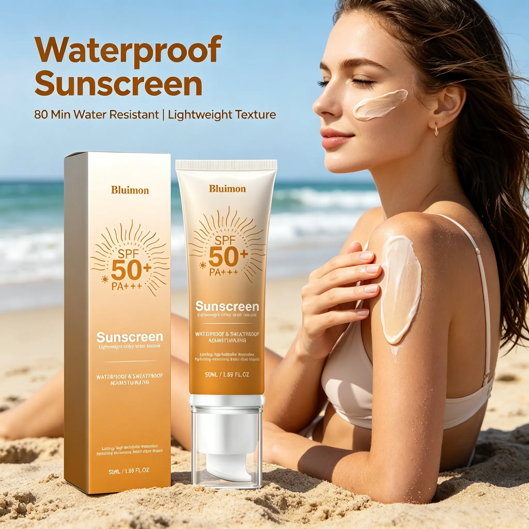 Bluimon 3-Pieces Facial Sunscreen (SPF 50+ PA+++), Tinted Moisturizer, Hydrating Lightweight Water-Resistant Non-Greasy Sunscreen for Face Daily Wear, Alcohol-Free, Daily Apply, Tinted Sunscreen