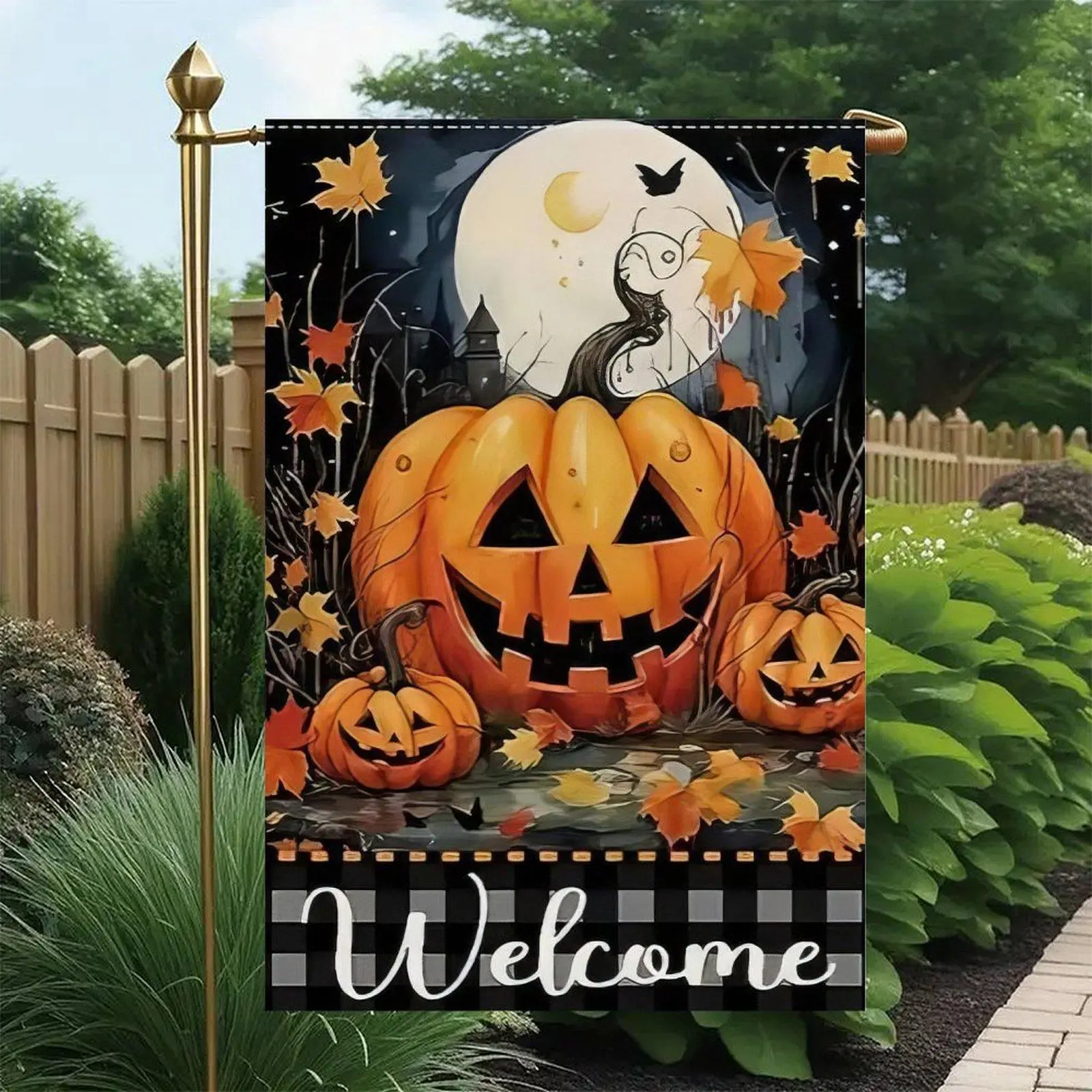 Welcome Jack O'Lantern Pumpkin Moon Halloween Garden Flag - 12x18in, Double-Sided Print, Heat Transfer Prints, Waterproof Linen, Maple Leaf Black Buffalo Check, Fall Yard Flag, Decoration for Yard