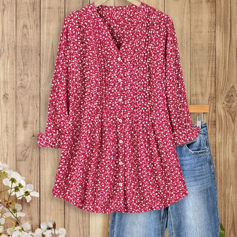 Women's SageVell Red Floral Long-Sleeve V-Neck Front Pleated Button-Down Elegant Fabric Blouse - Long Length Blouses & Shirts for Office Wear, Evening, Party, Wedding, Layer Under Blazer