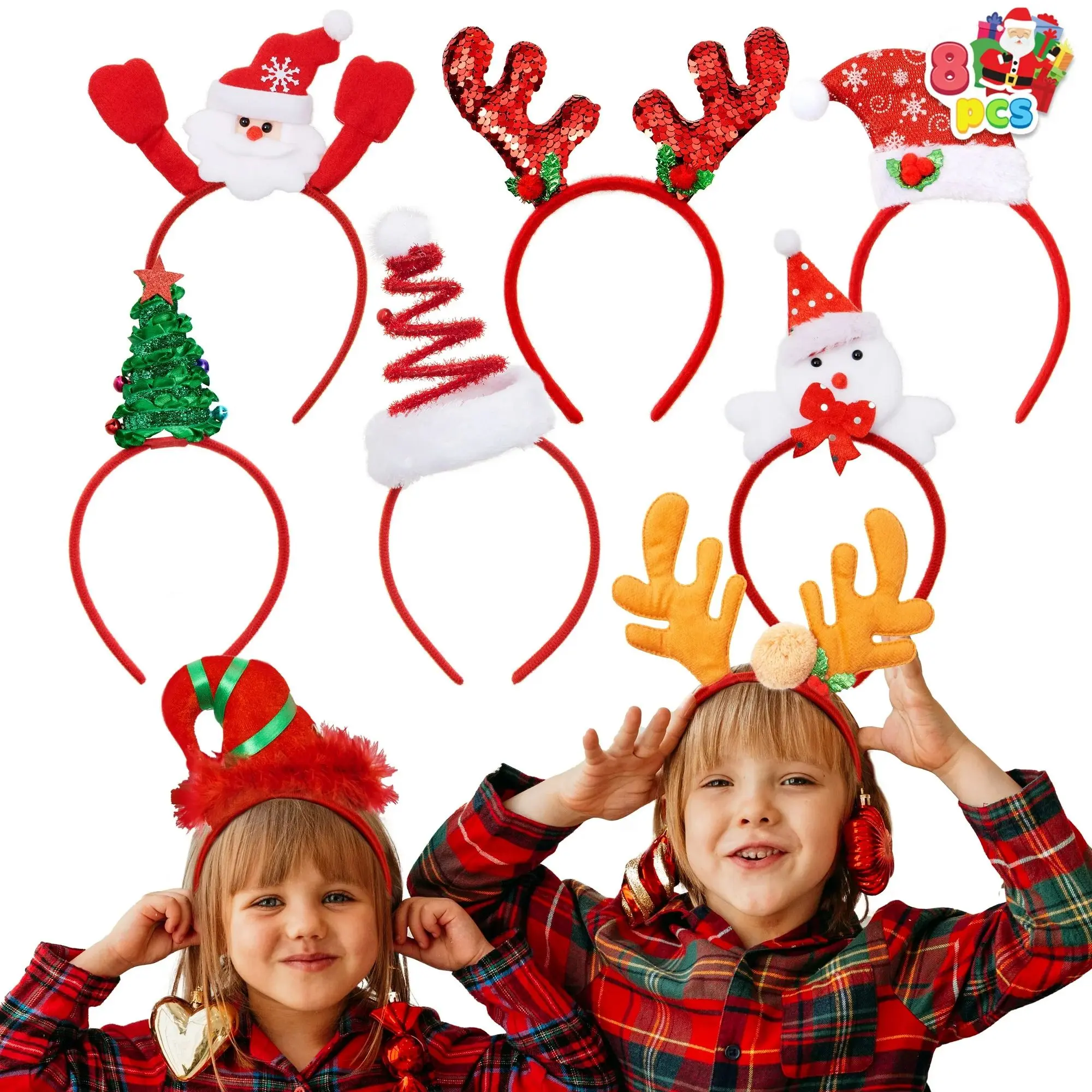 JoyX 8-Piece Christmas Headbands Set – Fun Holiday Party Accessories for Kids and Adults – Perfect for Photo Props and Festive Costumes