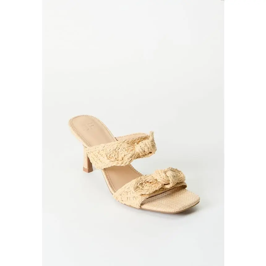 JUSTFAB Women's Elegant Raffia-Straw High Heel Mule Sandals, Breathable Shoe for Weddings, Beach Occasions