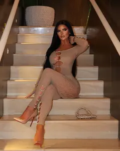 Women's Fashionable Lace Jumpsuits With Hollow-Out Design, Sexy Bodycon Style Crystal Womenswear Long Sleeve Overalls Basic Minimalist overall romper Red