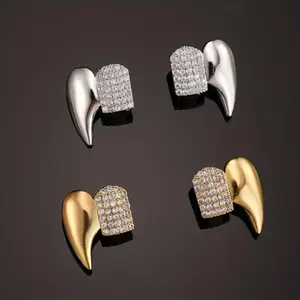 2pcs Hip Hop Double Paved Faceted Synthetic Zirconia Fang Teeth Grills, Punk Ste, 14K Gold Plated, Copper, for Halloween, Peonality Golden Teeth Accessories, Unisex  Oral