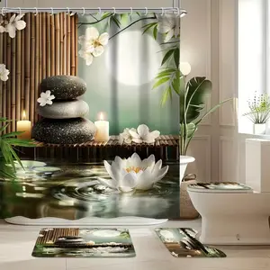 1/4pc Lotus & Bamboo Pattern, Stone Spa Shower Curtain Set, shower curtain, toilet seat cover, rectangular & U-shaped mats, for bathroom décor, 12 shower curtain hooks, Restroom Bathroom Accessories, Bathroom Accessories, Bathroom Decoration Accessories