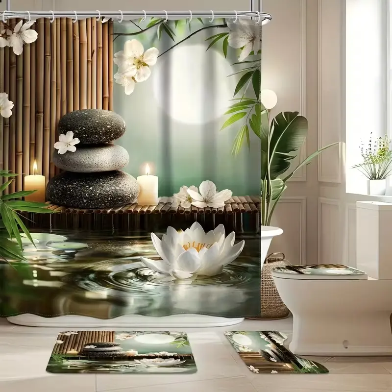1/4pc Lotus & Bamboo Pattern, Stone Spa Shower Curtain Set, shower curtain, toilet seat cover, rectangular & U-shaped mats, for bathroom décor, 12 shower curtain hooks, Restroom Bathroom Accessories, Bathroom Accessories, Bathroom Decoration Accessories