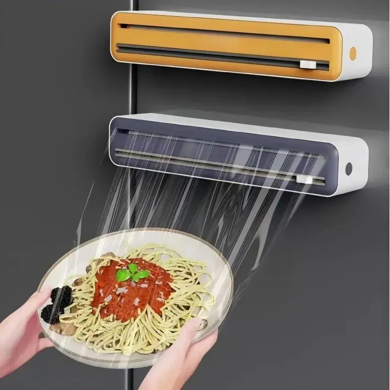 Large Size Plastic Wrap Dispenser with Cutter, Dual Slide Cutting Multifunctional Foil & Parchment Paper Cutter, Reusable Kitchen Film Sealing Machine, Compatible with Plastic Wrap, Aluminum Foil, Baking Paper & Wax Paper, Du