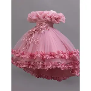 Elegant Sleeveless Princess Dress for Girls - Summer Gown with High-Low Hem, Floral Appliques & Belt Detail, Breathable Polyester Blend