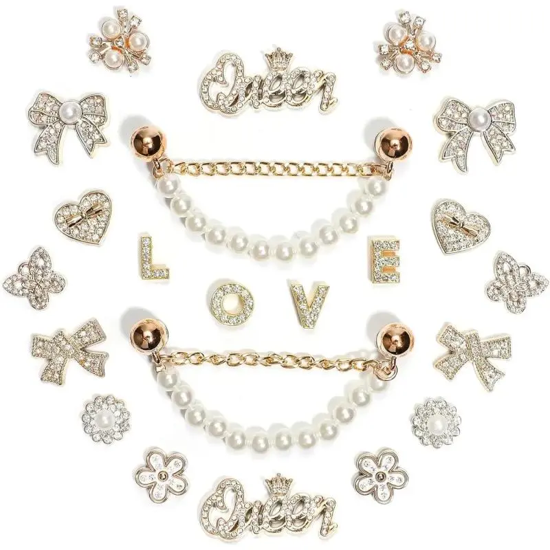 Bling Rhinestones and Pearls Shoe Charms Set with Sparkling Shoe Chains, LOVE Queen Letter Charms for DIY Women's Clog Sandals Decor | Trendy Shoe Accessories for Party Girls and TikTok Fashion Gifts