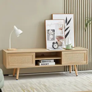 55.12" Rattan TV Cabinet with Double Sliding Doors Adjustable Shelf Solid Wood Legs TV Console for Living Room