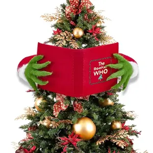 Festive Book-Shaped Christmas Tree Topper, Monster Hand Decoration, Eco-Friendly Plastic & Velvet Material, Perfect Holiday Ornament, Home Decor Ornaments