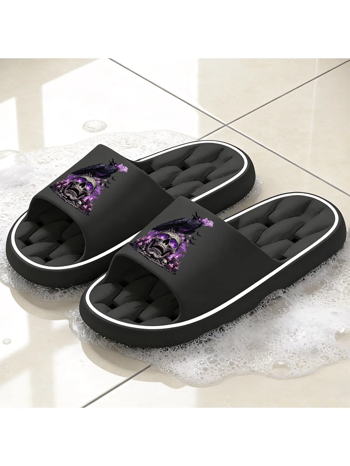 Gothic Raven & Skull with Purple Flame Print Quick-Dry Hollow Out Slide Slippers, Fashionable Slippers, Non-Slip Drainage Bathroom Shower Shoes, Soft Cushioned Home Sandals for Dark Academia & Gothic Style Lovers