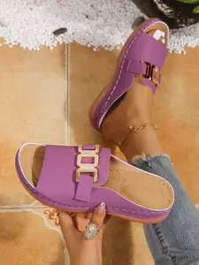 Metal Buckle Purple Flat Slippers for Women, Summer Outdoor Casual Sandals, Soft Sole Anti-Slip Footwear, Versatile One-Strap Design
