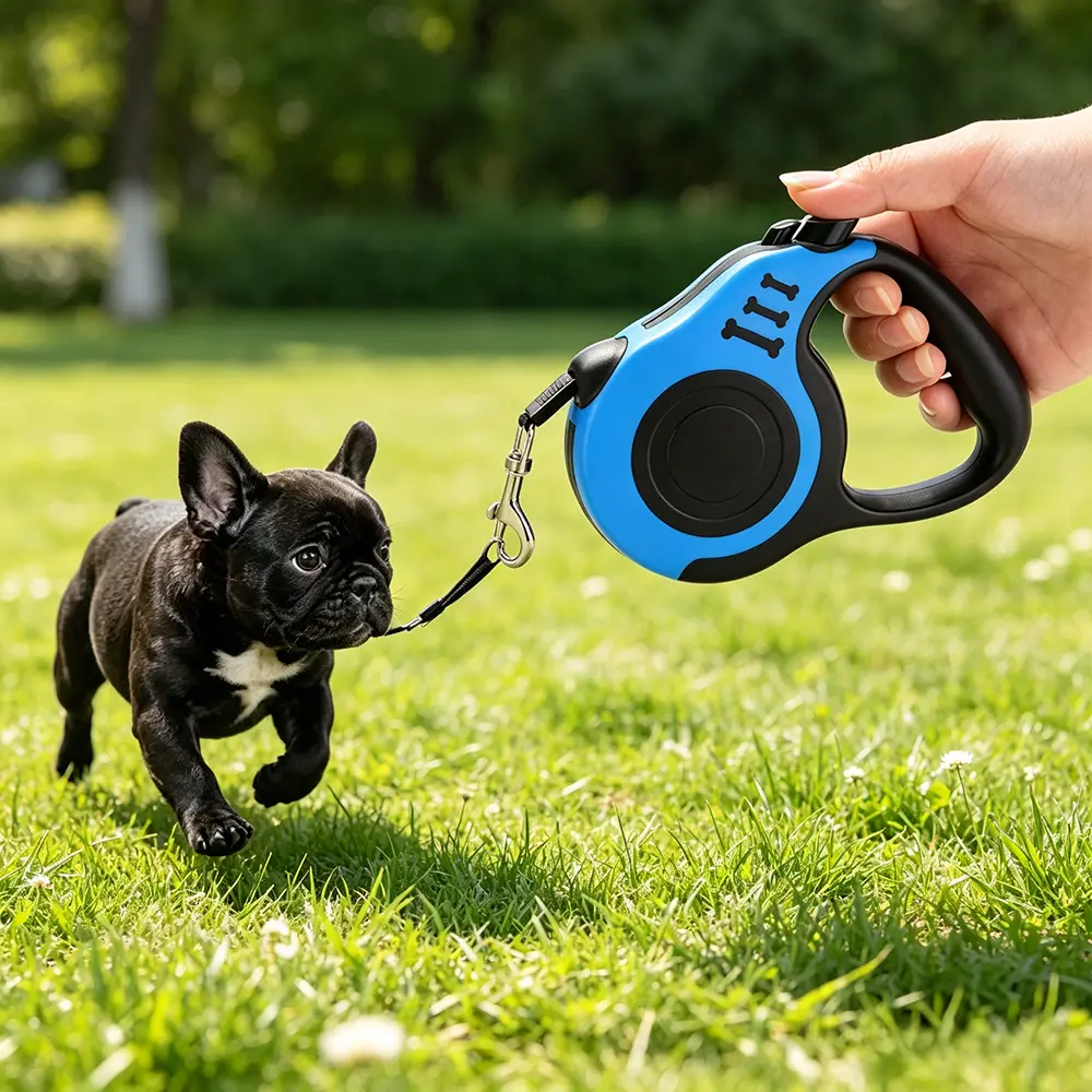 Nylon+Metal Automatic Retractable Dog Leash, 5M Heavy-Duty Blue No-Tangle Lead with Anti-Slip Handle, 1-Button Locking Brake for Small Pups & Medium Dogs (Beach, Park Use)