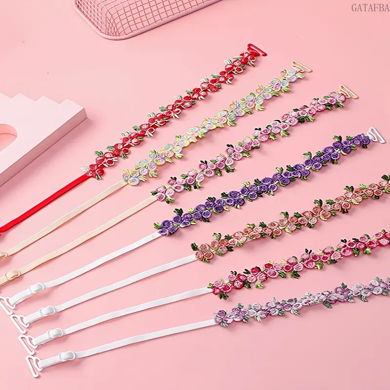 2‑Pack Vibrant Floral Embroidered Lace Bra Straps, Women’s Boho Decorative Replaceable Shoulder Straps, Soft Adjustable Stylish Accessory for Daily Wear, Party & Casual Outfits