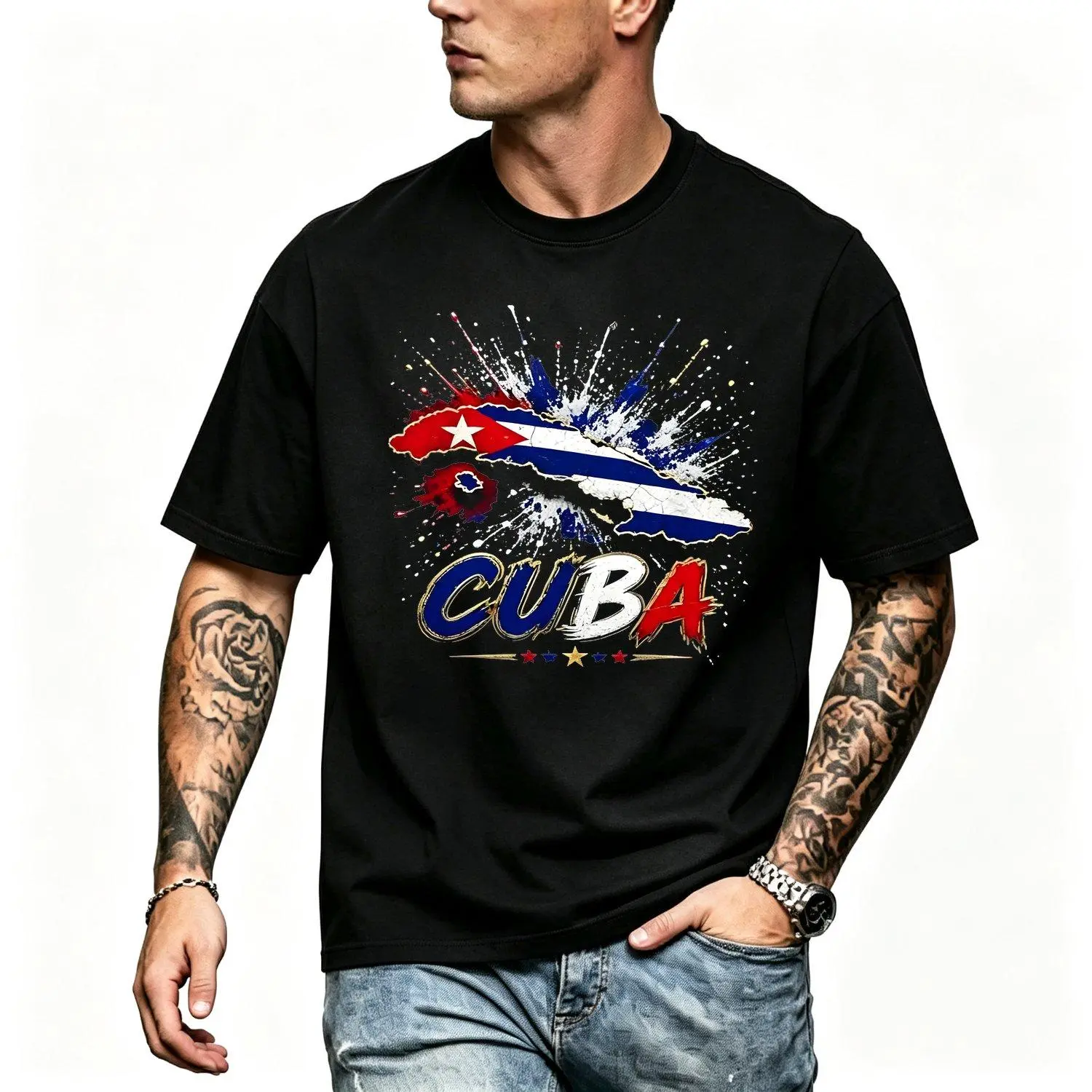 Men's Short-Sleeve Cotton Blend T-Shirt - Cuba Flag Print, Cuban Map Design, Breathable, Machine Washable, All Seasons Casual Stylish Apparel, Tops, Shortsleeve