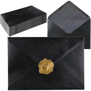 Self-Sealing Black Envelopes 50 Pcs 5x7 Inches Premium 120g Pearl Glitter Paper Printable & Writable for Wedding Party Invitations Includes Gold Sealing Stickers