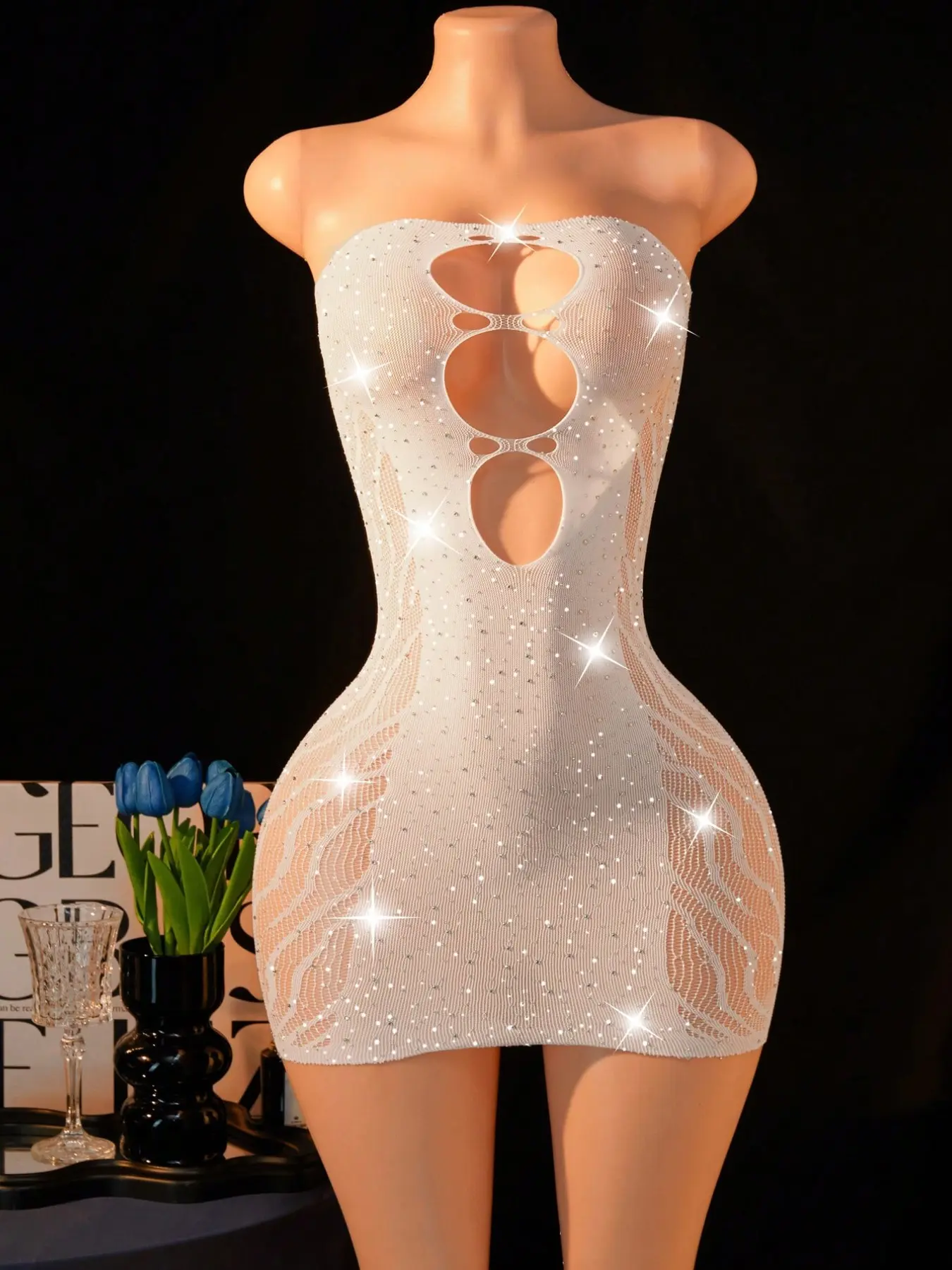 ❤️Women's Sexy Rhinestone Lingerie-Style Dress, Sheer Mesh Bodycon Party Gown, Front Cutout Backless Sleeveless Design, Nightclub Wear, Underwear, Womenswear, One Size Fits 40kg-75kg❤️