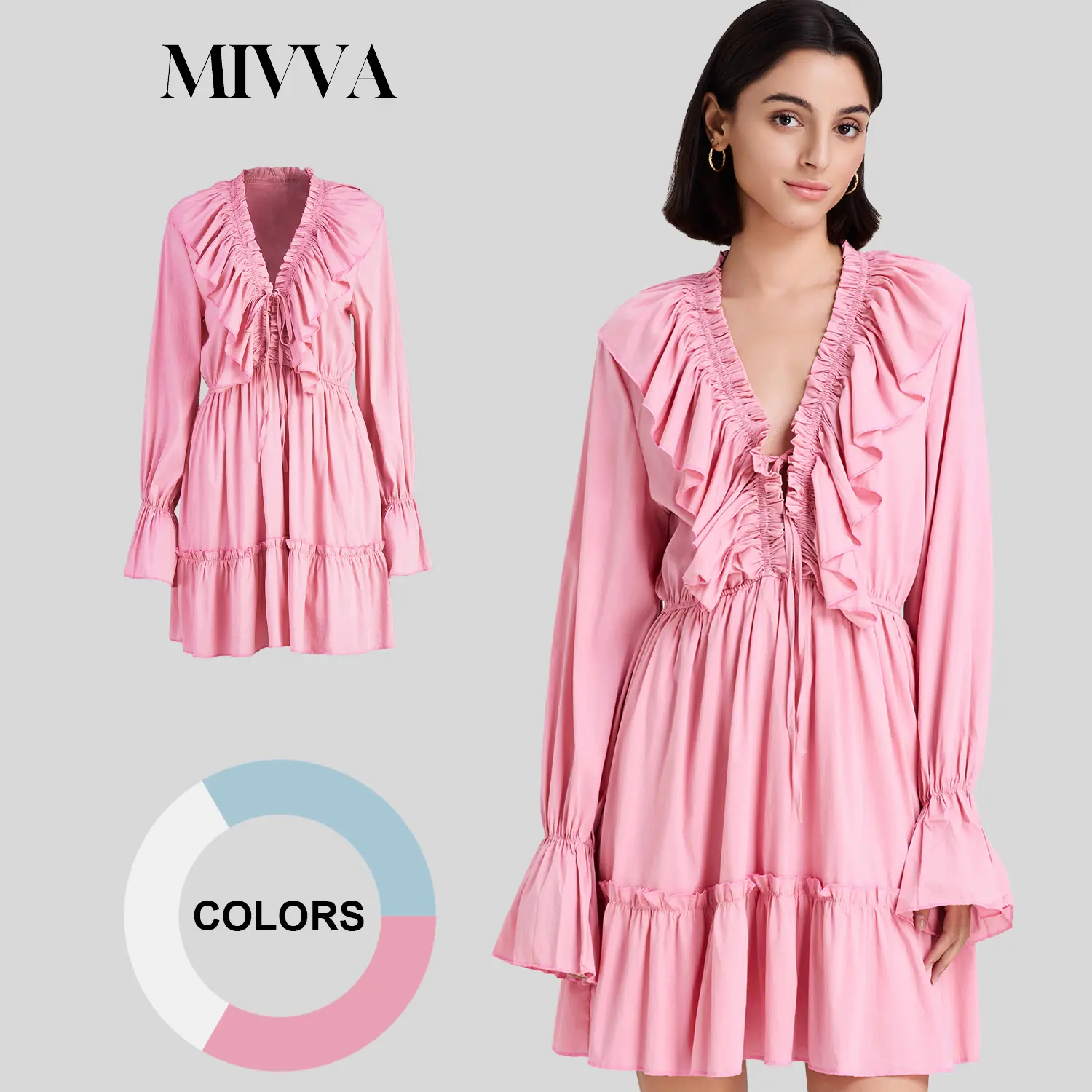 Women's Casual Spandex-Viscose Bodycon Dress - Long Sleeves, Puff Sleeves, Ruffle Ruched V-Neck, Above-Knee, Pull-On, S-L, Pink/Blue/White, for Workwear & Party Clothes summervibes☀️ campingessentials
