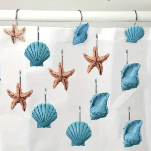 12pcs Seashell & Starfish Shower Curtain Hooks - Anti Rust Decorative Shower Curtain Rings Hooks, Easy Install for Bathroom, Bedroom, Living Room Decor, Bathroom Accessories
