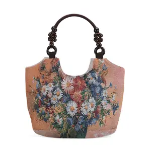 TAMSY Elegant Flower Pattern Tote Bag with Wooden Beads Handle