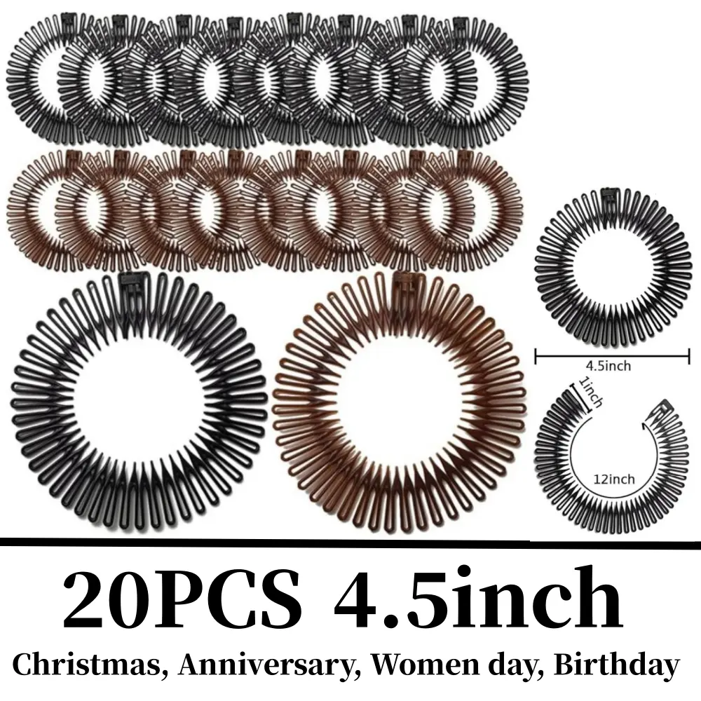 Women's 20 PCS Circular Shape Flexible Headbands, Plastic Stretch Comb Headbands with Teeth, 1 Size Fits Most for Sports & Outdoor Activities, Flexible Headband