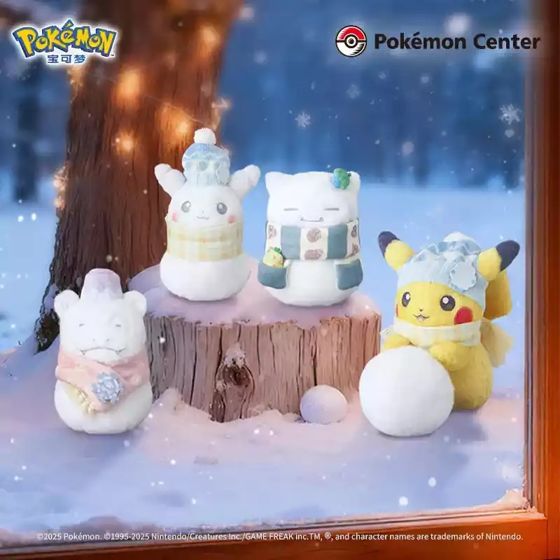 Official Pokemon Center Let’s Make Snowmen Plush Full Set 4 Styles Swalot Vanillite Psyduck Snowman & Rolling Snowball Pikachu Soft Stuffed Doll Winter Christmas Anime Collectible Gift