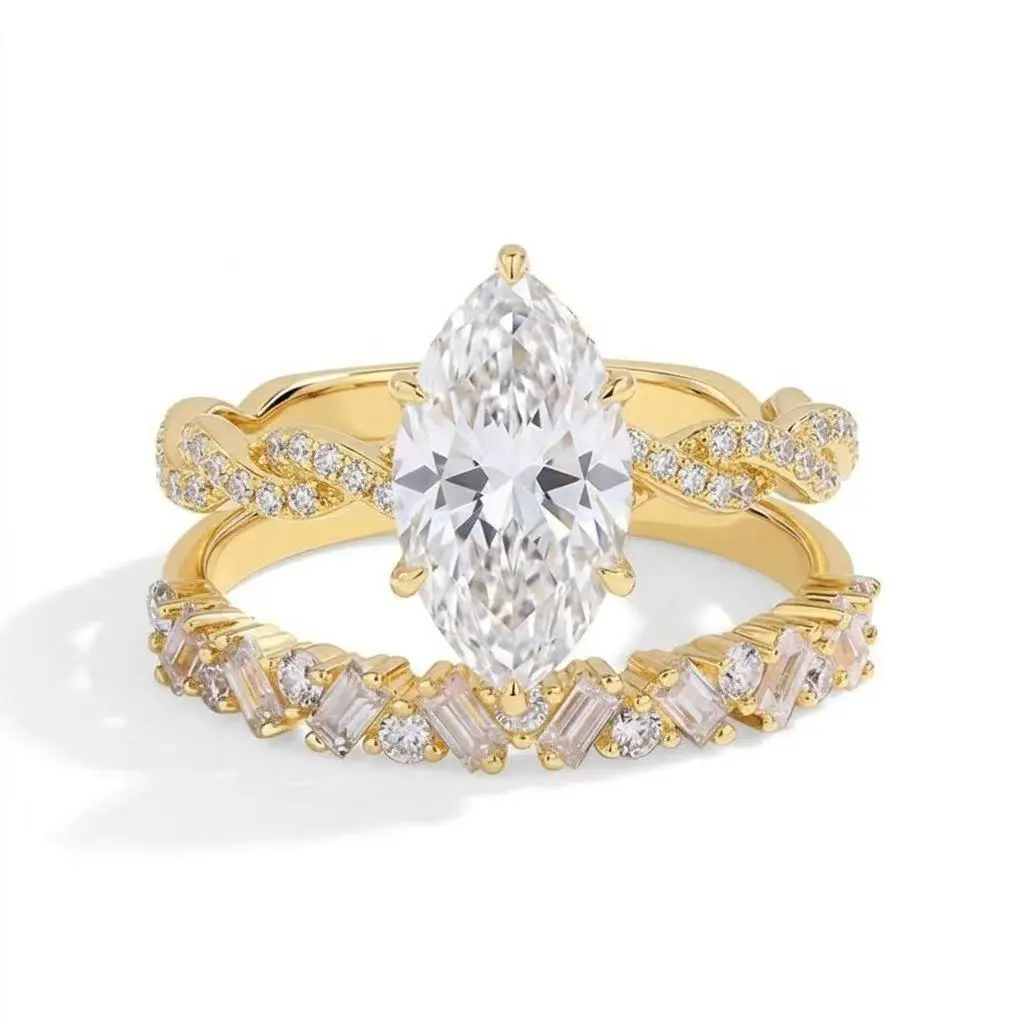 #JY 2-Piece Marquise Cut CZ Bridal Ring Set, 14K Gold Plated Hearts & Arrows Stacking Engagement Wedding Band for Women