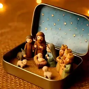 Handmade Miniature Christmas Nativity Set In Tin Box - Portable Pocket-Sized Manger Scene with Mary,, Jesus, Shepherds Animals Figures - Hand-Paintedfor/Easter Gift Decoration Indoor