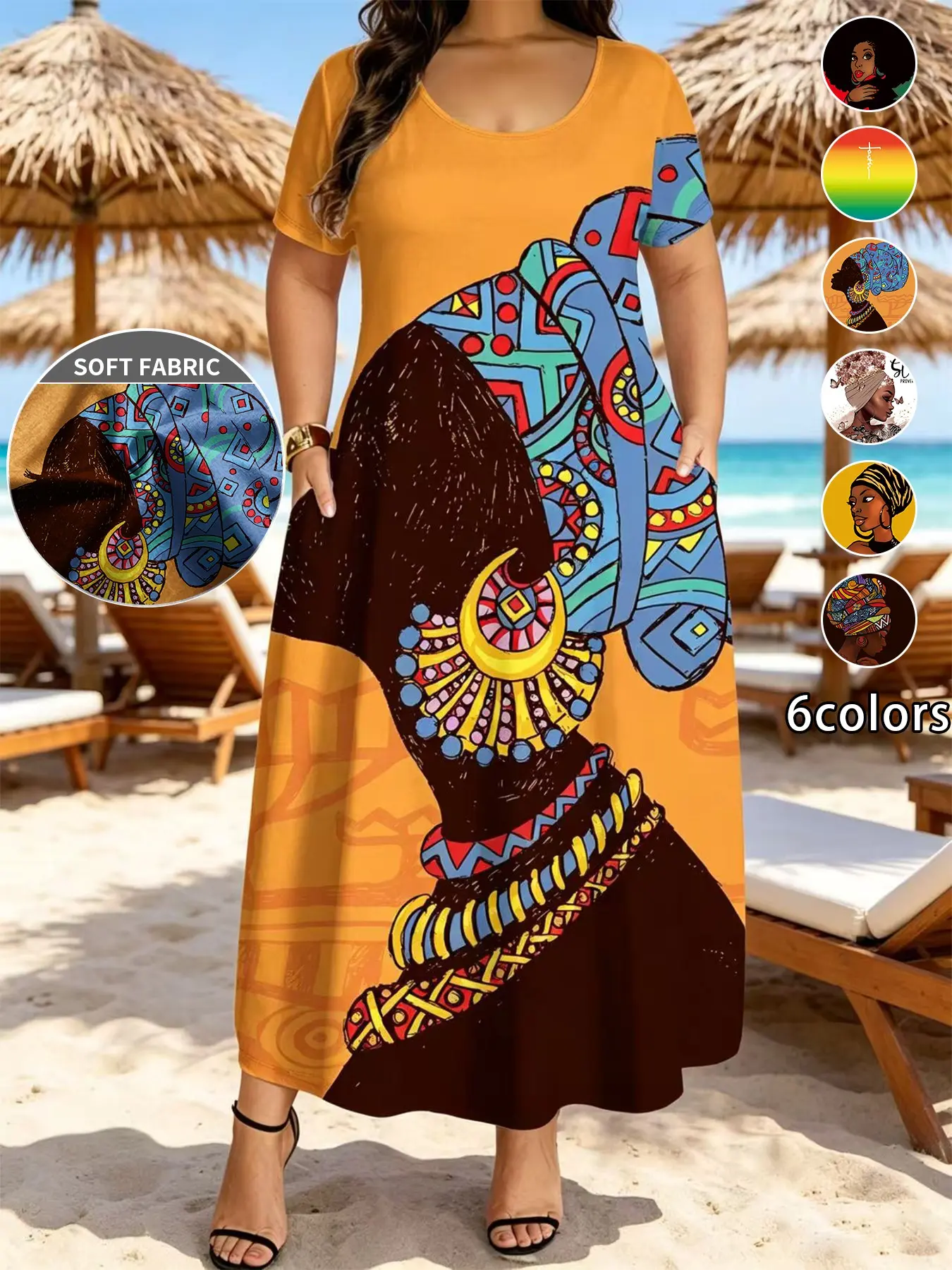 Women's Plus Size Long Dress with Pockets, 6 Color Options, Fashionable Style Print, Short Sleeve Round Neck, Casual Daily Wear, Summer, Printed, A Line Dress
