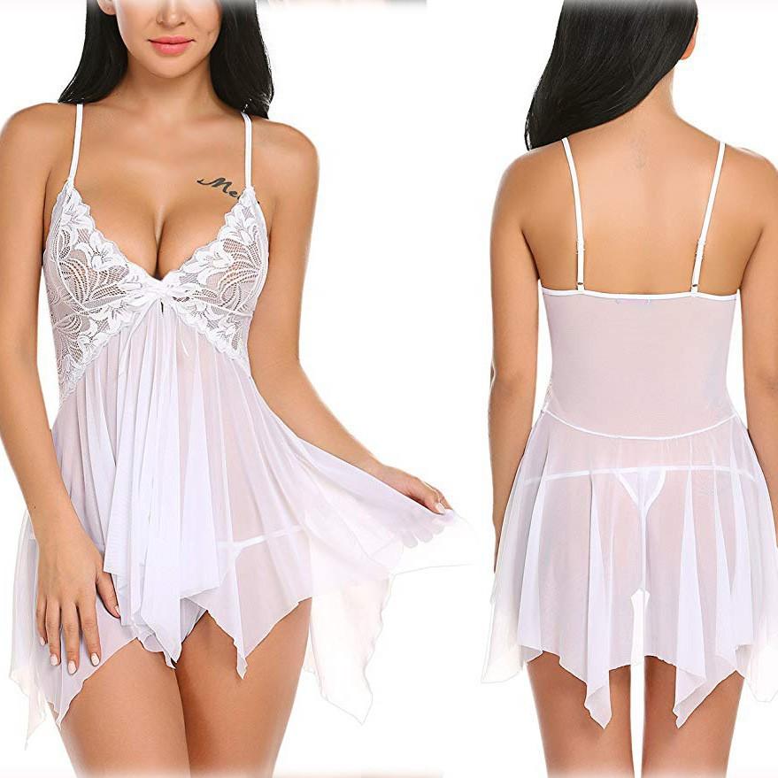 Sexy V Neck Ruffle Sheer Mesh Lace Wireless Lingerie Dress with Thong 2 Piece