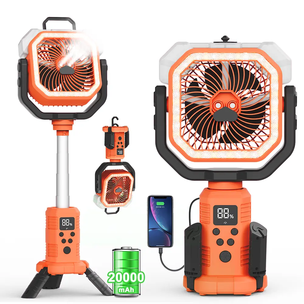 20000mAh Camping Fan with Stand, Rechargeable Battery Operated Oscillating Fan with Remote&LED Light, Height Adjustable Misting Tent Fan, Timer, Hook, Portable Tent Fan for Picnic travel,back to school,back to school haul