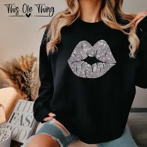 Faux sequin lip crewneck sweatshirt  Womenswear Tops Sweaters Hoodie Underwear valentine sweatshirt sweatshirts women