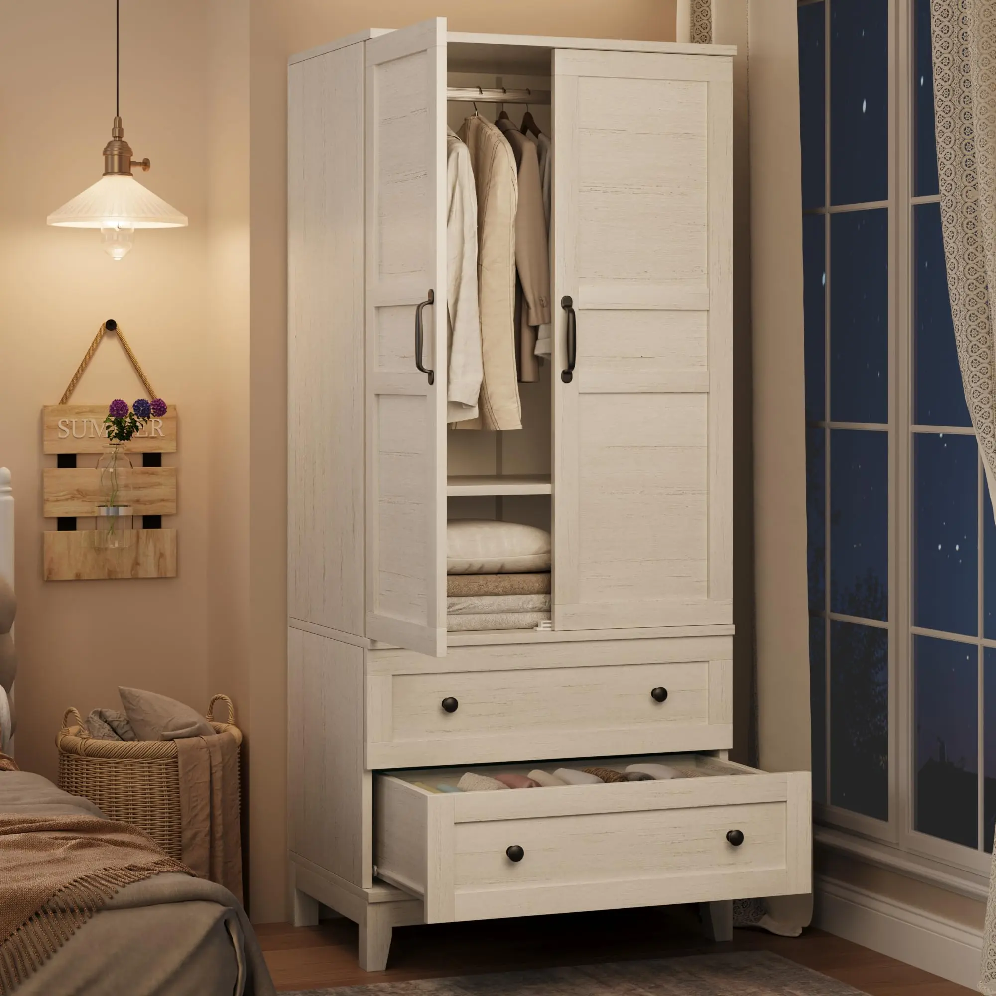Rustic White Engineered Wood Freestanding Armoire Combo Wardrobe Cabinet - Single Unit with Magnetic Organizer, Doors, Hanging Rod, 2 Drawers, 18 Adjustable Shelves, Farmhouse Look, Tool-Free Assembly for Tall Bedroom Closet Storage