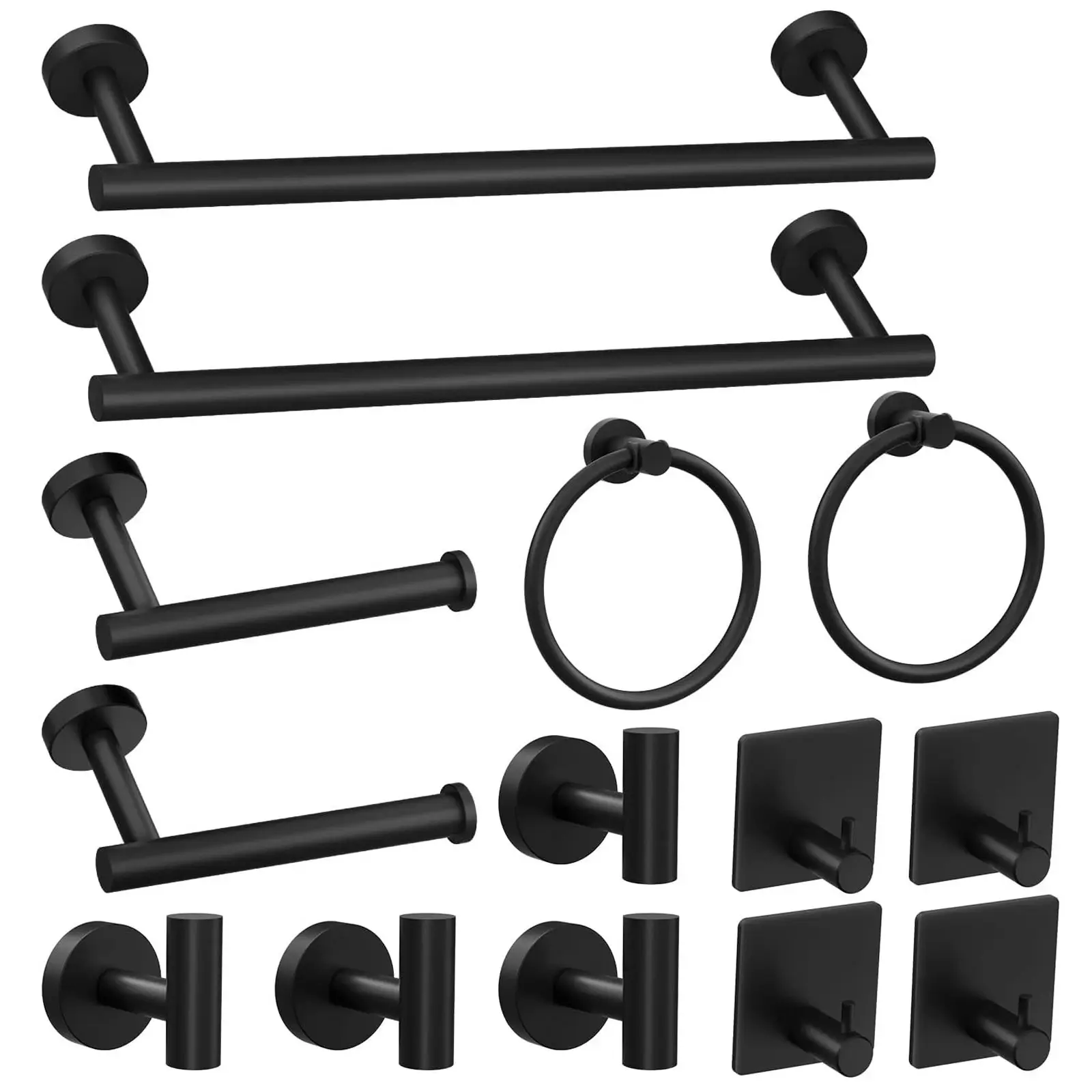 Modern Stainless Steel Black 14-Piece Bathroom Hardware Full Set - Adhesive Bathroom Holder with Towel Bar, Robe Hooks, and Towel Rings