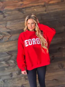Red Embroidered "Georgia" Oversized Fleece Pullover