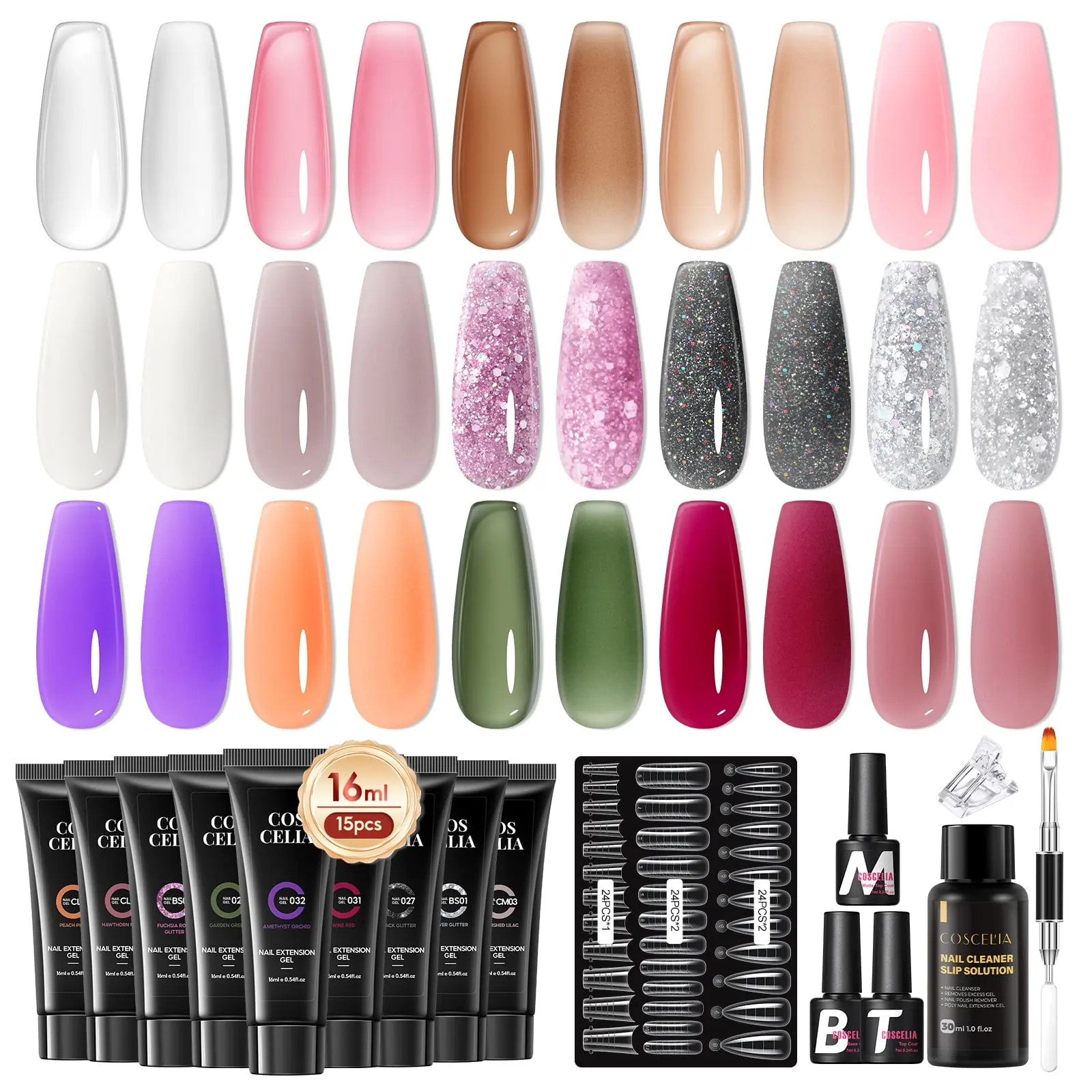 Poly Nail Gel Kit Starter Kit 18 Colors Nail Extension Gel with Matte Top Base Coat Nail Art Decoration Gift for Women