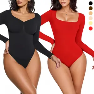 Women’s Slim Fit Long Sleeve Bodysuit with Thong – Square & V Neck Seamless Shapewear Top, Tummy Control, Stretch One Piece for Winter Layering, Christmas Outfit Styling, Sculpting Body Suit for Women, Perfect for Everyday Wear & Workouts SpringStatements