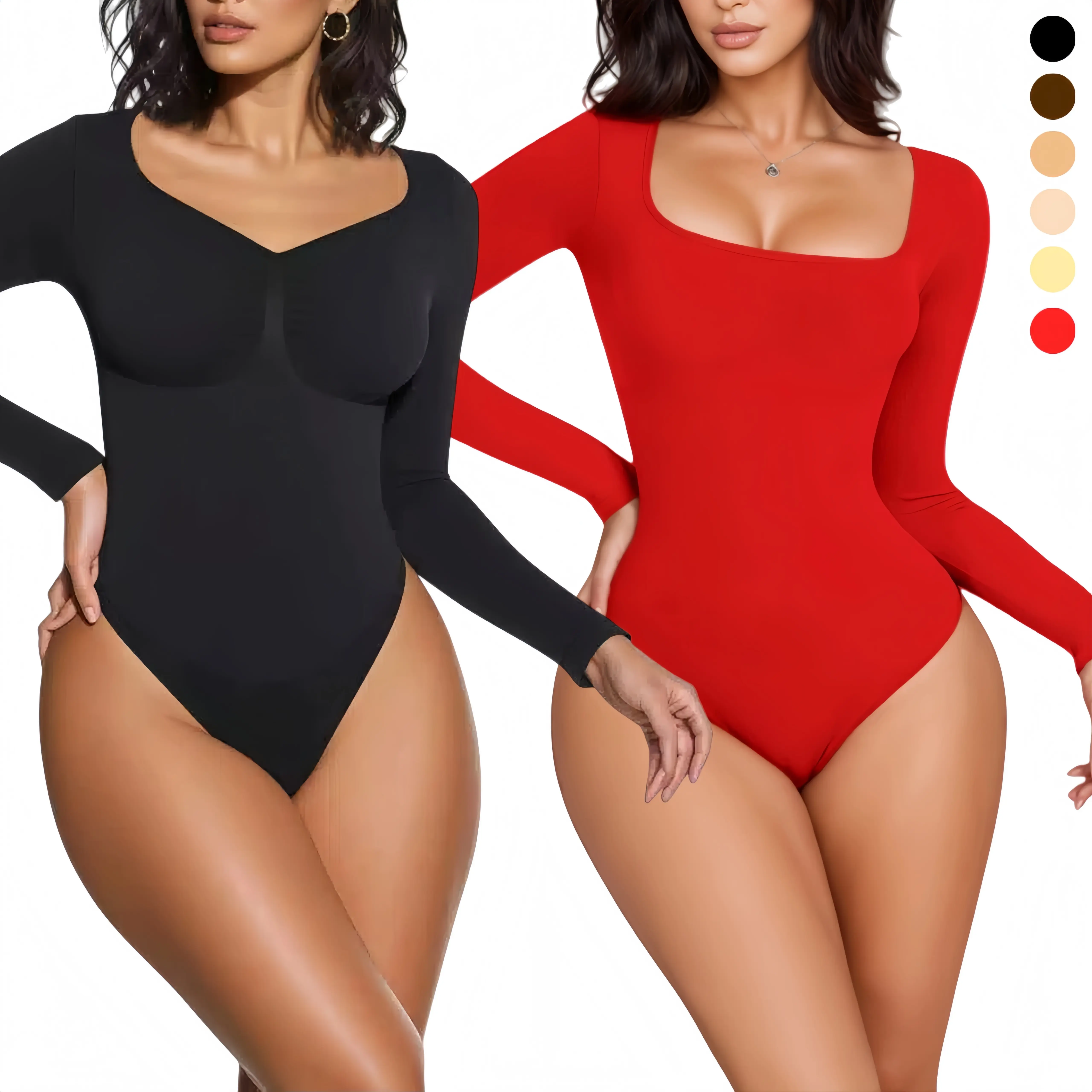 Women's Slim Fit Long Sleeve Seamless Thong Bodysuit - Square/V-Neck Light Chic Minimalist Style Shapewear Top, Tummy Control Stretch Fabric, Winter Layering, Everyday Wear