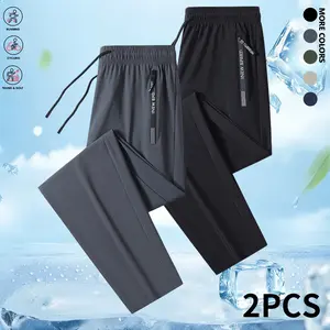 Men’s 2-pack high-stretch ice silk casual athletic pants for fitness training and running; breathable, quick-drying joggers suitable for golf and fishing; men’s long pants for summer menswear.