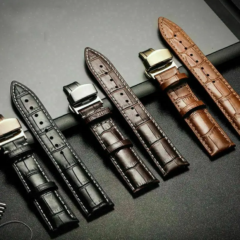 22mm Watchband Calf Black Genuine Leather Alligator Grain Strap for Tissot Seiko Casio Fossil Omega Swatch Garmin G-Shock Ball Butterfly Silver Buckle Luxury Wristband Watchband Smart Watch Sport Strap Accessory Bracelet Replacement Watchband Accessories