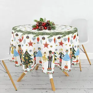 christmas party AnyDesign Christmas Round Tablecloth 60 Inch Watercolor Nutcracker Fabric Table Cloth Washable Table Cover for Picnic Dinner Table Home Kitchen Xmas Party Decor