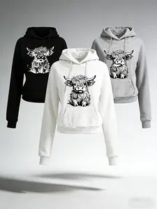 Women's clothing Cow Print Sweatshirt, Long Sleeve Crew Neck Casual Sweatshirt For Winter & Fall, Women's Clothing Soft Stretchy Long Sleeve Sweatshirt for Everyday women's hoodie, warmies cow