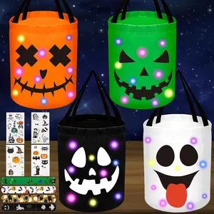4 Pcs Halloween Trick or Treat Bucket for Kids LED Light up Pumpkin Candy Bucket Halloween Treating Baskets Reusable Goody Tote Bag for Party Favor Supplies with Bracelets Stickers
